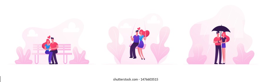 Loving Couples Set. Young People in Love Spend Time Together, Man and Woman Walking under Umbrella in Rainy Weather, Hugging and Kissing on Bench and Riding Swing. Cartoon Flat Vector Illustration