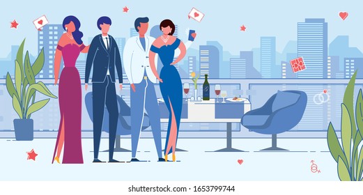 Loving Couples Solemn Unit Dinner or Valentines Day Celebration in Luxury Restaurant. Men and Women Cartoon Characters Taking Place at Festively Served Holiday Table. Flat Vector Illustration.