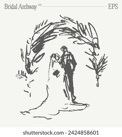 A loving couple's wedding day under the Bridal Archway. Hand drawn vector illustration, sketch.