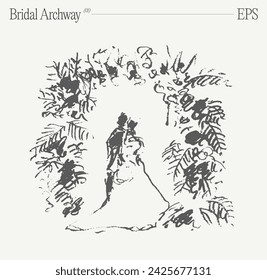 A loving couple's wedding day under the Bridal Archway. Hand drawn vector illustration, sketch.