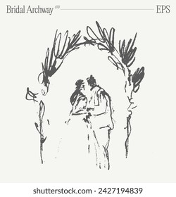 A loving couple's wedding day under the Bridal Archway. Hand drawn vector illustration, sketch.