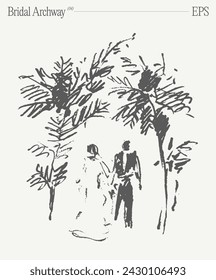 A loving couple's wedding day under the Bridal Archway. Hand drawn vector illustration, sketch.