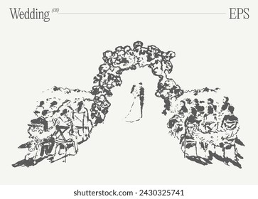 A loving couple's wedding day under the Bridal Archway. Hand drawn vector illustration, sketch.