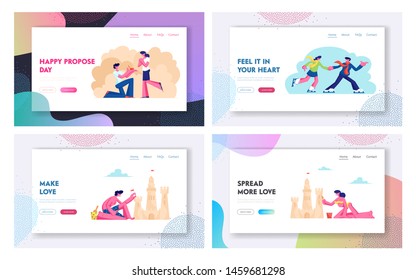 Página Web de Aterrizaje de Parejas Amadas Invierno y Verano Tiempo Libre, Compromiso de Hombre y Mujer, Patinar sobre Hielo, Hacer Castillo de Arena en Playa de Mar. Cartel de ilustración de vectores planos de caricatura