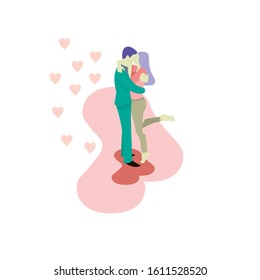 Loving Couples , Young People in Love , Man and Woman, Hugging and Kissing. Cartoon Flat Vector Illustration