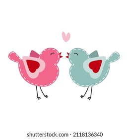 Loving cute birds and pink heart. Clipart. 