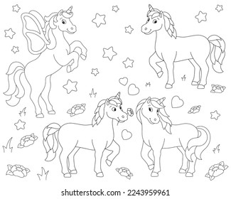 Loving cute unicorns. Coloring book page for kids. Valentine's Day. Cartoon style character. Vector illustration isolated on white background.