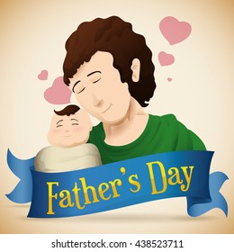Loving dad with his newborn baby  behind a blue greeting ribbon commemorating Father's Day.