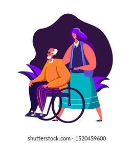 Loving daughter or grandchild walks wid her old disabled father or grandad in the wheelchair touching his shoulder. Family support concept illustration. Happy Senior man in care of his attentive relat