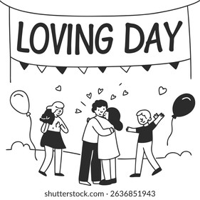 Loving day celebration happy couple friends balloons hearts