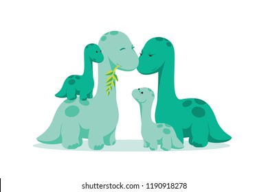 Loving dino parents (diplodocus couple) with two babies playing. For nursery poster, mother's or father's or parents day greeting card, banner, logo. For Valentine's or family day or love confession