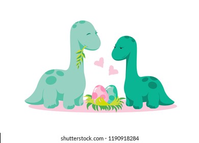 Loving dino parents (diplodocus couple) with two eggs in nest and hearts. For nursery poster, mother's or father's or parents day greeting card, banner, logo. For Valentine's day or love confession