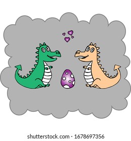 Loving dinosaurs and an egg on gray background. Vector illustration.