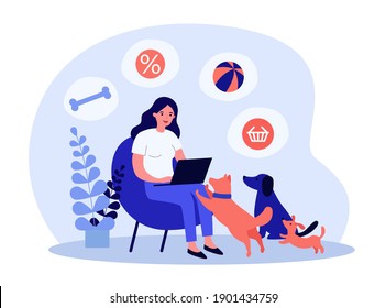 Loving Dog Owner Buying Toys For Pet In Online Store. Ball, Bone, Laptop Flat Vector Illustration. Domestic Animals And Shopping Concept For Banner, Website Design Or Landing Web Page