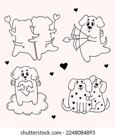 Loving dogs. Collection romantic pets with heart and cute hugging dogs. Vector illustration. Isolated Outline drawings for design and decor of valentines, love postcards, printing.