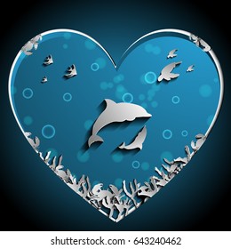 Loving of Dolphins under the sea papercut vector, art work. Nature and Ocean concept. Dolphin and animal theme. Digital papercraft concept.