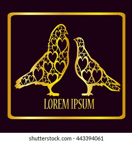 Loving doves. Golden birds for rich logo, emblem, brand for companies. Vector illustration