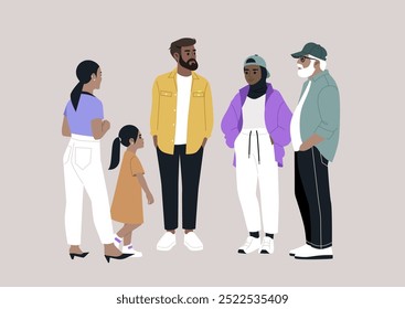 A loving Eastern family stands together, engaging in heartfelt conversation, with smiles and warmth radiating as they enjoy each other's company on a delightful day
