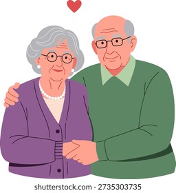 Loving elderly couple embracing and holding hands, featuring a heart symbol above them. Modern flat vector illustration of long-lasting relationship.