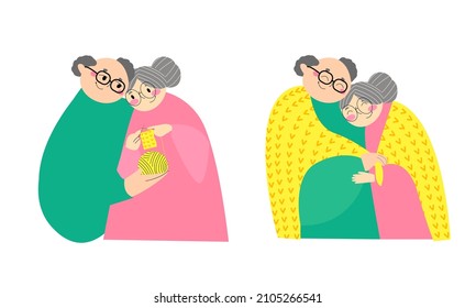 Loving elderly couple. Grandma and grandpa are knitting. Vector old people isolated on white background.