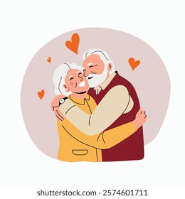 Loving Elderly Couple In Love Hugging. Flat style cartoon vector illustration. 