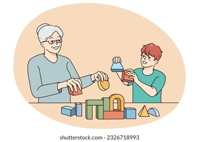 Loving elderly grey-haired grandmother play toys with small grandchild. Caring grandma build with blocks with smiling little boy child at home. Two generations. Vector illustration.