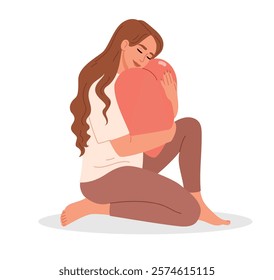 A loving embrace A woman is cuddling with a heartshaped pillow, showcasing tender affection