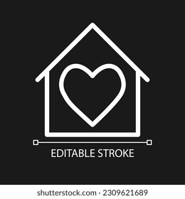 Loving environment at home pixel perfect white linear icon for dark theme. Charity. Help homeless people. Thin line illustration. Isolated symbol for night mode. Editable stroke. Arial font used
