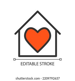 Loving environment at home red pixel perfect RGB color icon. Help homeless people. Provide with dwelling. Isolated vector illustration. Simple filled line drawing. Editable stroke. Arial font used