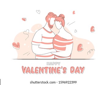 Loving Faceless Young Couple with Hearts Decorated on Abstract White Background for Happy Valentine's Day.