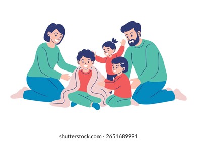 Uma família carinhosa cuida de uma criança doente, com pais e irmãos oferecendo conforto e apoio ao menino que tem resfriado ou gripe