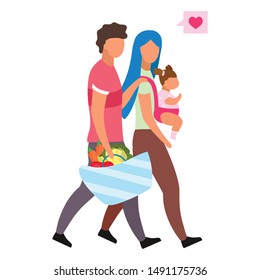 Loving family with child flat vector illustration. Young parents choosing healthy nutrition. Husband carrying basket with fresh fruits, vegetables  isolated cartoon character on white background

