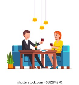 Loving family couple sitting at restaurant table, drinking red wine, celebrating anniversary or valentine day. Lovers having romantic date. Flat cartoon vector isolated illustration.