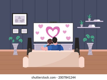 Loving family couple watch romantic movie on TV stay at home. Husband and wife sitting on couch in living room enjoy film about love on television view from back vector illustration