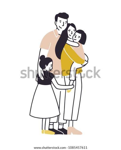 愛する家族 父と母と二人の娘が一緒に立ち寄り親子ハグ 白い背景に平らなカートーンのキャラクター 色付きベクターイラスト のベクター画像素材 ロイヤリティ フリー