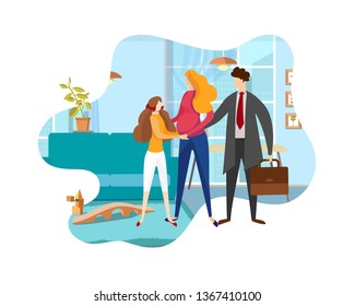 Loving Family Of Father, Pregnant Mother And Teen Daughter Every Day Routine. Dad Leaving At Work, Wife And Child See Him Off. Faceless Characters. Sweet Moment. Cartoon Flat Vector Illustration. Icon