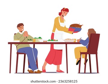 Loving Family Gathers To Celebrate Thanksgiving Together at Warm, Bustling Home, with Table Laden With Turkey And Fixings, Laughter, And Gratitude Filling The Air. Cartoon People Vector Illustration