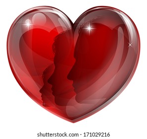 Loving family heart concept. A heart shaped symbol with man, woman and child heads in profile in silhouette