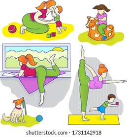 Loving family. Mom practices yoga with her child and rests. Color and bright vector graphics.