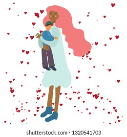 Loving family. Mother and son together and cuddling. Parent and children hugging. Flat cartoon characters isolated on white background. Colourful vector illustration.
