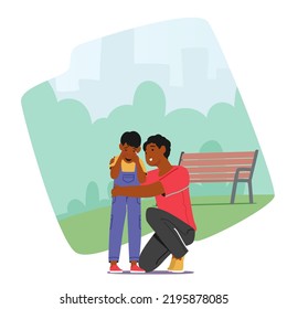 Loving Family Relations, Parenting Concept. Father Comforting Crying Child on Street. Dad Embrace Little Son to Calm Down, Parent Character Support and Hug Boy. Cartoon People Vector Illustration