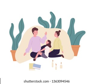 Loving Family. Smiling Mother, Father And Daughter Sitting In Blanket Fort And Telling Stories Or Fairy Tales. Cute Parents And Child Spending Time Together At Home. Flat Cartoon Vector Illustration.