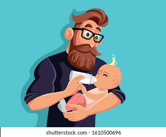 Loving Father Bottle Feeding Baby Vector Cartoon. Bottle Fed Infant Having Her Dad Babysitting
