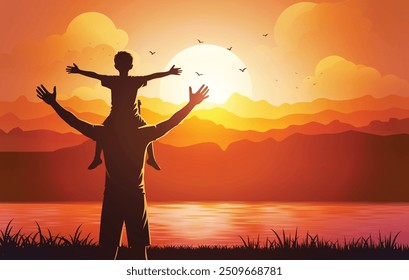 Loving father carrying son at sunset, celebrating fatherhood with emotional family connection.