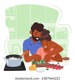 Loving Father Character Patiently Guides His Curious Daughter Through The Art Of Cooking In A Warm Kitchen, Creating Precious Memories With Each Shared Step. Cartoon People Vector Illustration