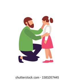 Loving father comforting her sad young daughter. Colorful vector illustration isolated on white background.