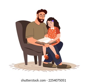Loving Father and daughter reading book together.Child Girl hug dad.Spend time together.Love and trust of dad,child.Supporting, Family relationships.Flat vector illustration isolated,white background