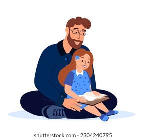 Loving Father and daughter reading book together.Dad hug Child Girl.Spend time together.Love and trust of mom,child.Supporting, Family relationships.Flat vector illustration isolated,white background
