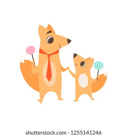 Loving father fox and his kid standing with lollipops, happy family of animals, parenting concept vector Illustration on a white background