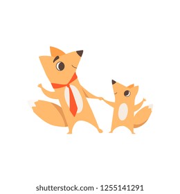 Loving father fox and his little baby holding hands and dancing, animal family, parenting concept vector Illustration